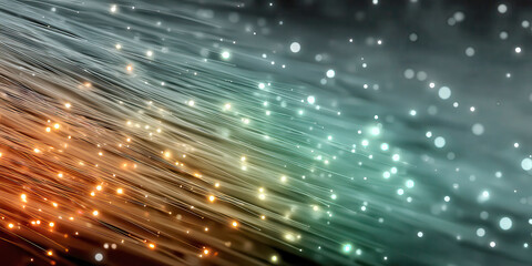 Fiber Optic Strands with Glowing Bokeh Lights and Orange Blue Gradient