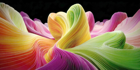 Vibrant Textured Landscape with Flowing Fiber Strands in Rainbow Colors