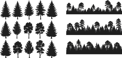 Tree, silhouette, forest, botanical, nature, deciduous, coniferous, black, shape, design, landscape, seasonal, minimal, outdoor, illustration, variety, species, branching, foliage, woodland