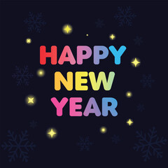 happy,new,year flat vector banner illustration with black background stars and colorful happy new year text