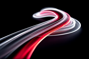 A glowing, shining white and red light trail arcs smoothly across a dark background, emitting an intense energy that feels fast and dynamic, creating an illusion of swift motion.