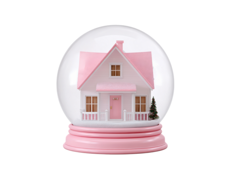 Winter wonderland snow globe with pink house for holiday decoration design