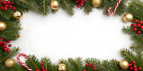 Gold and green Christmas frame border with fir tree branches, cones, and holiday ornaments