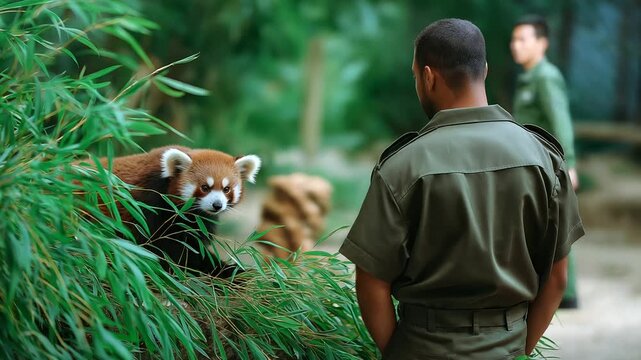 Back view of zoo keeper in uniform observing charming arboreal animal with ringed tail among green bamboo, with copy space