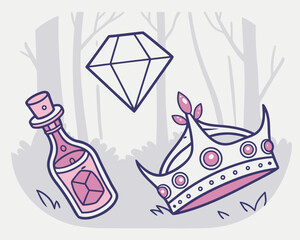 Cartoon illustration of diamond, potion, and crown in a whimsical forest scene