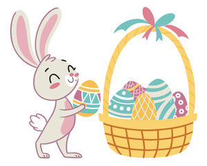 Cute easter bunny placing a decorated egg into a basket