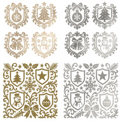 Christmas heraldry crests with glittering gold, silver texture