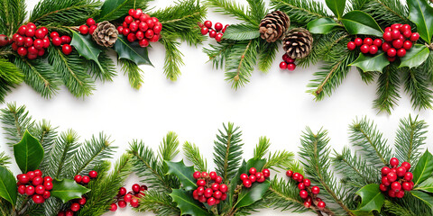 Fototapeta premium Festive Holiday Garland: A festive garland brimming with vibrant red berries, evergreen foliage, and delicate pine cones, embodies the warmth and cheer of the holiday season.