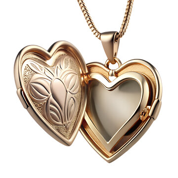 An open gold heart locket with intricate floral designs, perfect for holding cherished memories and sentimental keepsakes isolated on transparent background