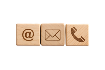 Three wooden blocks with email phone and at symbols for contact information isolated on transparent background