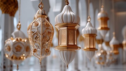 A golden and white ornamented Islamic background, featuring elegant lanterns suspended in the air, creating an atmosphere of spiritual grandeur and serenity.