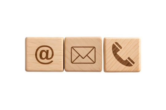 Three wooden blocks with email phone and at symbols for contact information isolated on transparent background