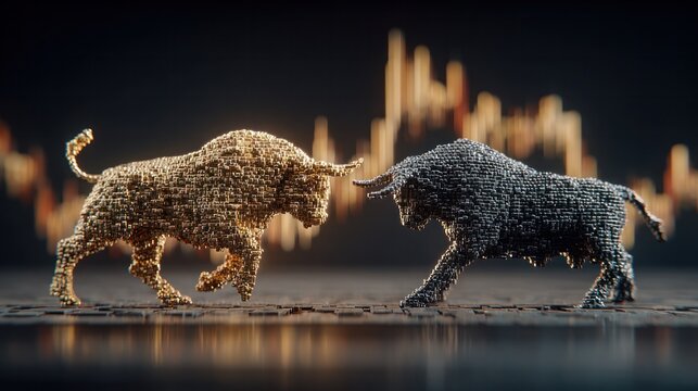Financial Confrontation: A tense standoff between a golden and a dark bull statue, symbolizing the dynamic forces of the stock market amidst a backdrop of financial graphs