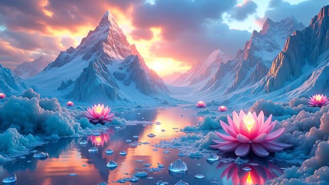 Tranquil Snow Capped Mountain Valley With Pink Lotus Flowers Floating In Reflective Water At Sunrise With Dramatic Clouds