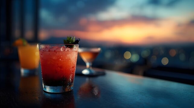 Three colorful cocktails served on a bar counter with a blurred city skyline and sunset in the background