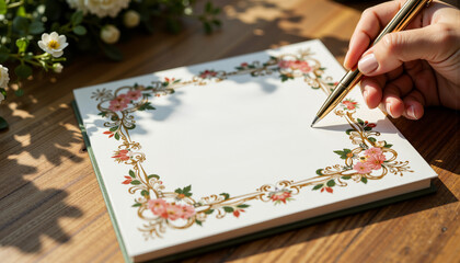 Hand writing in wedding guest book with pen in modern casual style  