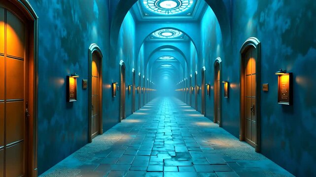 Endless Corridor with Arched Hallways and Ornate Doors Under Glowing Ceiling Lights with Deep Blue Walls and Stone Floor Illuminated by Warm