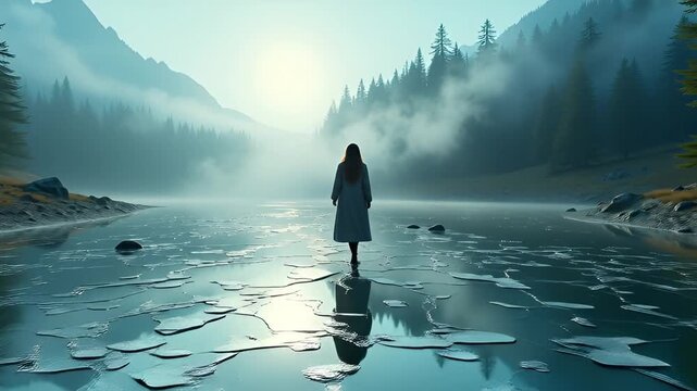 Solitary Woman Standing on Cracked Ice Lake Amidst Misty Forested Mountains During Sunrise