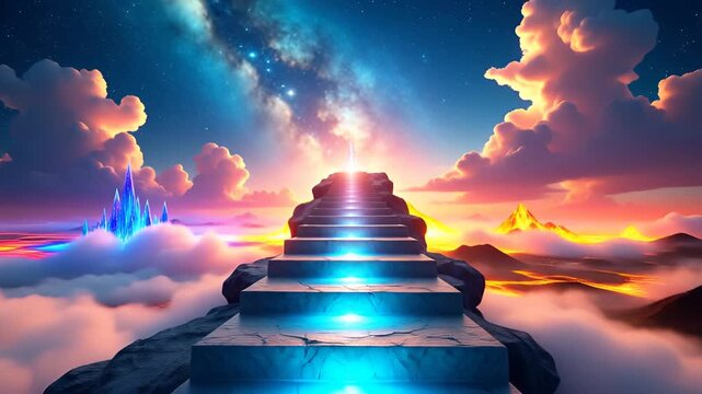 Fantasy Stairway to Heaven Between Clouds and Galaxy Under Sunset Sky