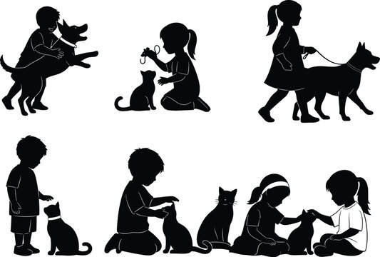 Black silhouette children with pets, dog and cat interaction, playful and caring pose, animal bond concept, vector illustration design