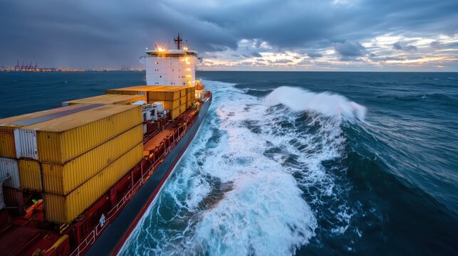 Cargo Ship Navigating Rough Seas Under Dramatic Cloudy Sky at Sunset - Powered by Adobe