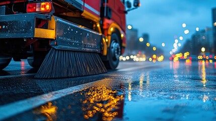 Fototapeta premium A street sweeper vehicle cleans a wet road at dusk, with blurred lights in the background creating a moody urban atmosphere.