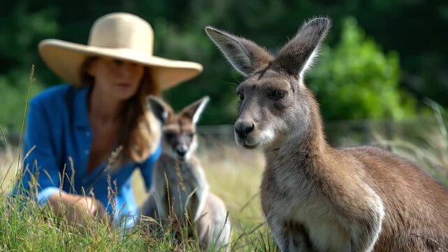 Defocused park visitor in sunhat with focused majestic macropod mother displaying maternal care in meadow, with copy space
