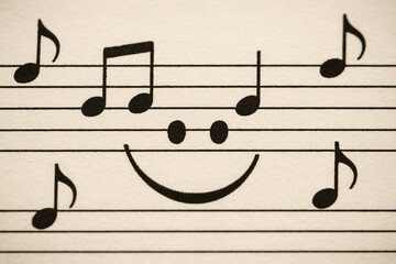 Musical notes with a smiling face on sheet music background