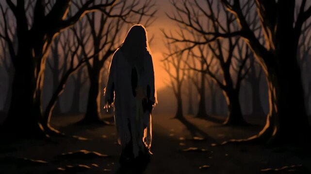 Eerie Forest Encounter - A Mysterious Figure in the Woods.
