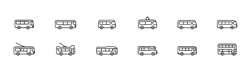 Set of twelve simple line icons depicting various types of buses