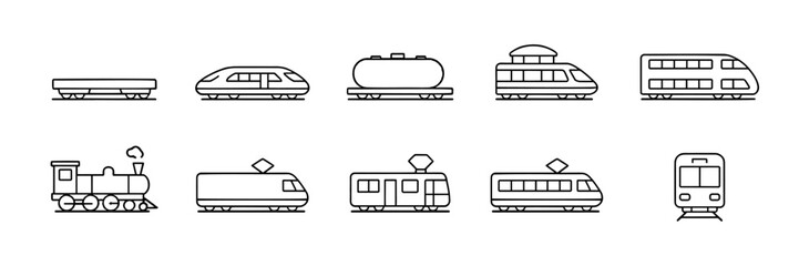 Set of ten black and white line drawings of different train cars and engines