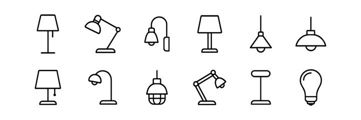 Set of Line Icons of Various Lamps and Lighting Fixtures