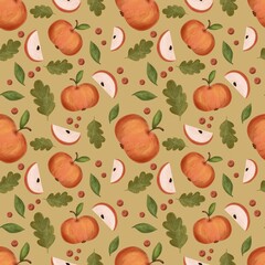 Hand drawn cozy autumn seamless pattern with apples, oak leaves and berries. Rustic fall design. 
