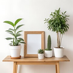 Scandinavian Wooden Console with Blank Frame and Houseplants