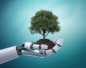 Robot hand holding a small tree with roots and soil against a gradient blue background view from below