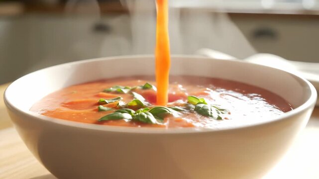 Steaming tomato soup poured into white bowl with fresh herbs.
