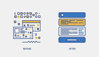 Before and after abstract showing chaotic, scattered ui elements and data transformed into a clean, structured interface with organized blocks, clear flow and efficient layout