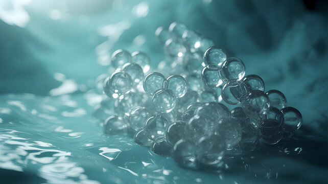 Macro photography of transparent gelatinous spheres clustered together in aquatic environment