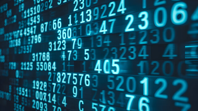 Digital cascade of glowing cyan numbers and data streams representing technology and information