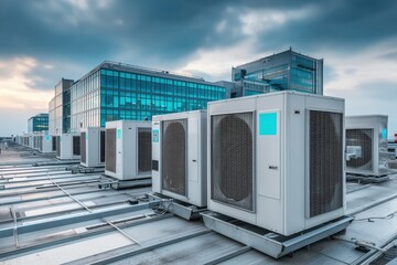 Rooftop Air Conditioning Units on Commercial Building Against Cloudy Sky