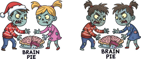 Funny zombie kids fighting over a brain pie wearing Christmas sweaters cartoon vector illustration for holiday horror humor concept design