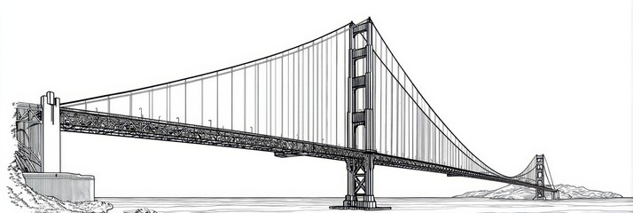Golden Gate Bridge Outline. Simple Drawing of Frisco Landmark with Gold Skyline