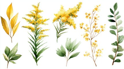Goldenrod Watercolor. Botanical Illustration of Wild Summer Flowers in Watercolor Style
