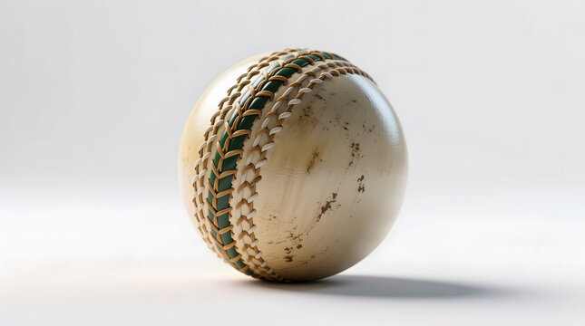 A close-up, highly detailed shot of a white leather cricket ball with prominent green and tan stitching, isolated on a clean white background.