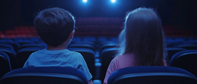 Two children watching a film in a half-empty cinema, atmosphere of coziness and concentration.
Ideal for articles about family leisure, children's cinema, cultural events and entertainment,  