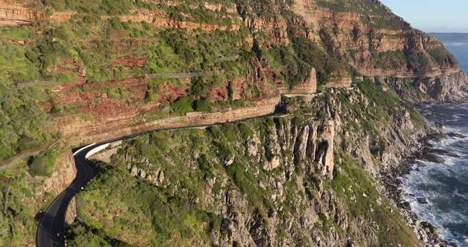 Aerial view of Chapman's Peak Drive during sunset in Cape Town, Western Cape, South Africa.
