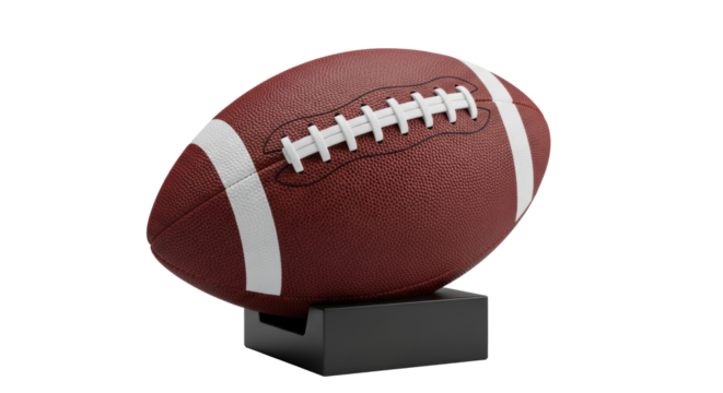 A classic brown pebbled american football with white laces and stripes resting on a matte black display pedestal, against a solid transparent background with diffuse studio lighting, concept for