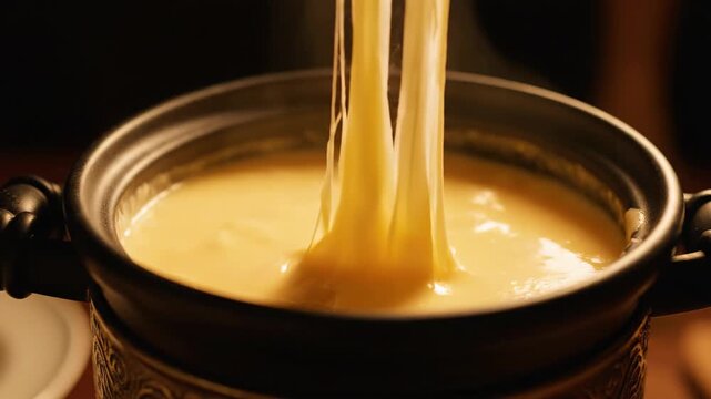 Creamy cheese fondue bubbling and stretching in rustic pot.