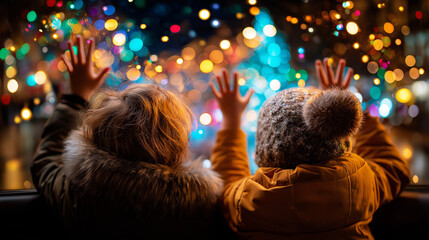 Nighttime car ride to see neighborhood lights, kids pointing out window, bokeh glow, Christmas lights, family, car, night, kids, holiday, tradition, joy, city, sparkle, with copy s