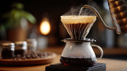 Hot Coffee Brewing with Pour-Over Method in Cozy Kitchen Setting with Warm Lighting